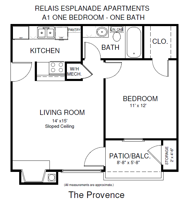 Floor plan for 1 bed, 1 bath, 539 sqft